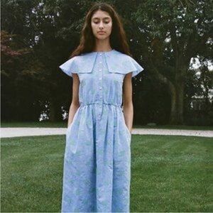 Coco Shop Embroidered Blue & Green Floral Print Collared Midi Dress‎ Size XS